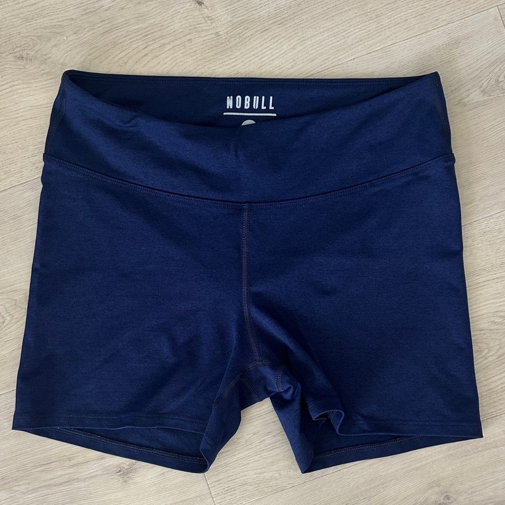 NOBULL Women's Heathered Navy Bike Shorts 4” Medium EUC